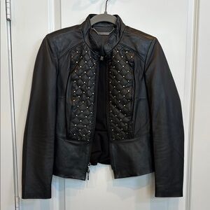 White House Black Market Black Leather Jacket with Intricate Embellishments